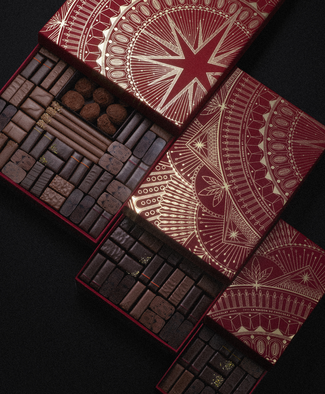 Calendrier de l'avent rouge et doré, s'inspirant de l'architecture Parisienne