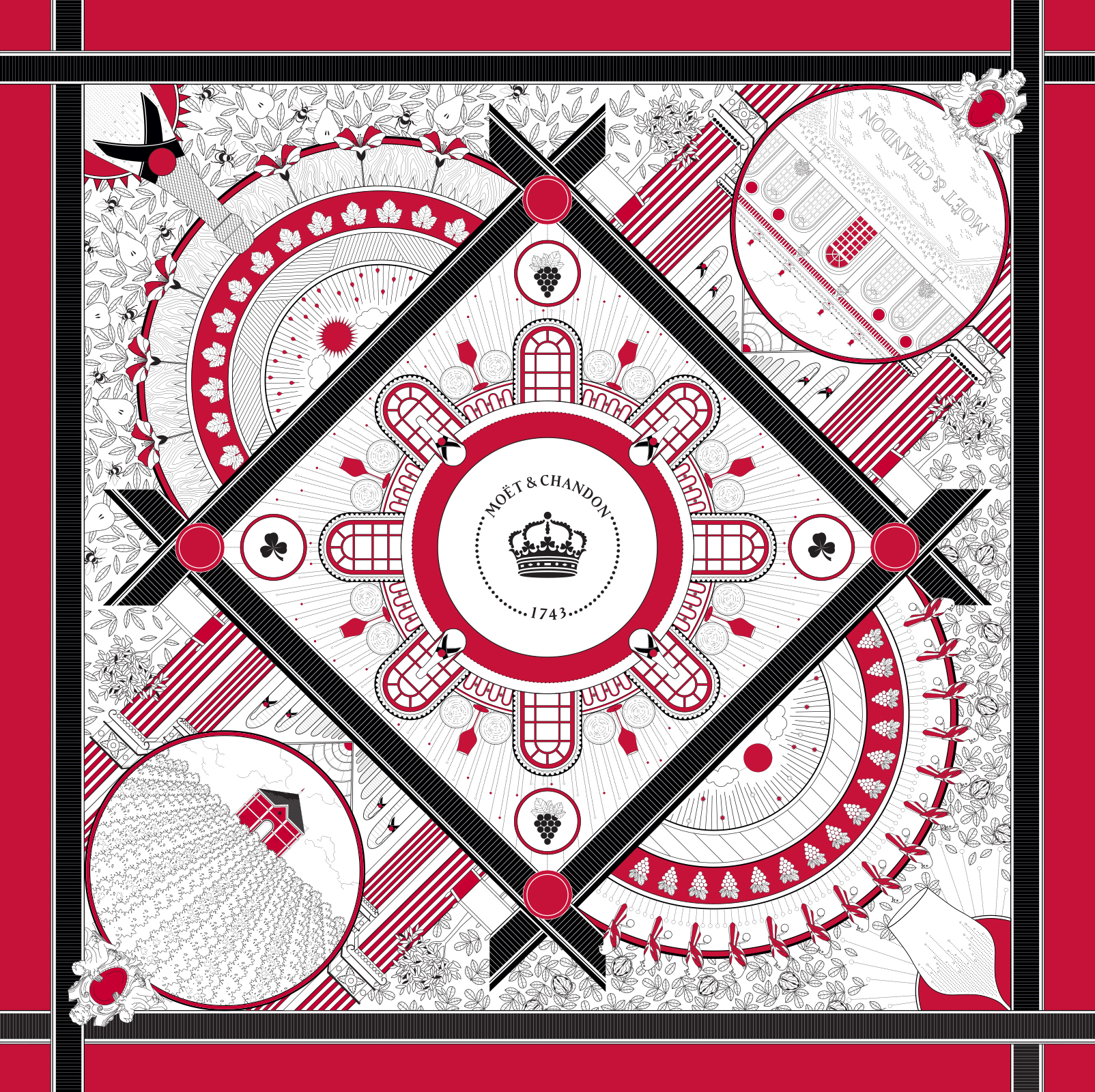 Carré de soie pour Moët et Chandon. Carré rouge noir et blanc, représentant tous les codes de la maison de manière graphique.